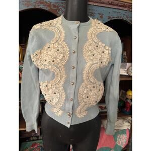 SPECTACULAR LINED VINTAGE LACE & JEWEL TRIM CARDIGAN SWEATER MUST SEE!!